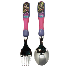 2pcs Bratz Pink and Purple Colored Handle Stainless Steel Spoon and Fork Set