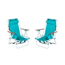 Folding Beach Chair Set of 2 for Adults, 4 Position Portable Backpack Foldable Camping Chair with Headrest Cup Holder and Wooden Armrests, Green