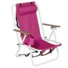 Folding Beach Chair Set of 2 for Adults, 4 Position Portable Backpack Foldable Camping Chair with Headrest Cup Holder and Wooden Armrests, Pink